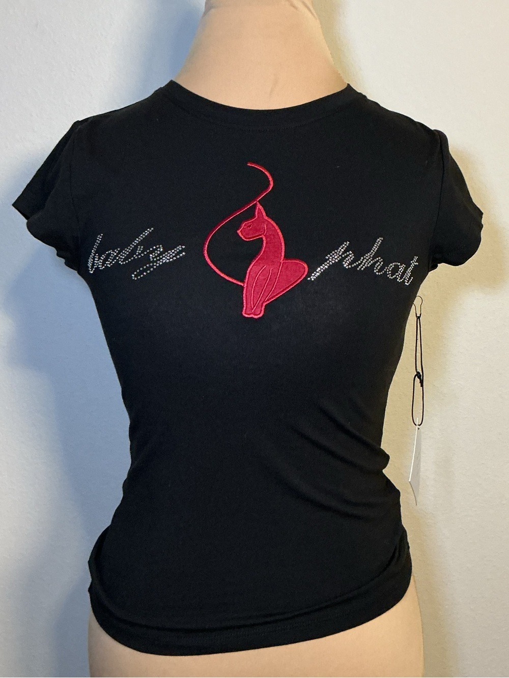 Baby Phat Black Tee with Pink Cat Applique and Rhinestones